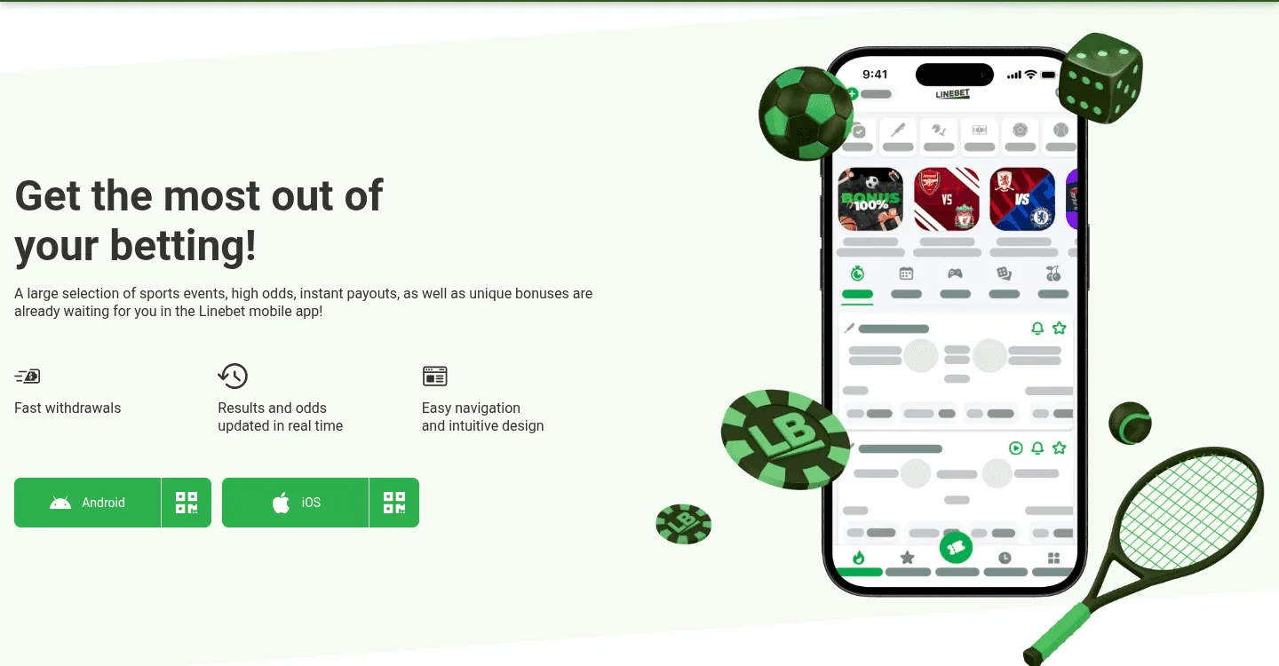 The Linebet app page with the Android and iOS download buttons, opened from outside Bangladesh